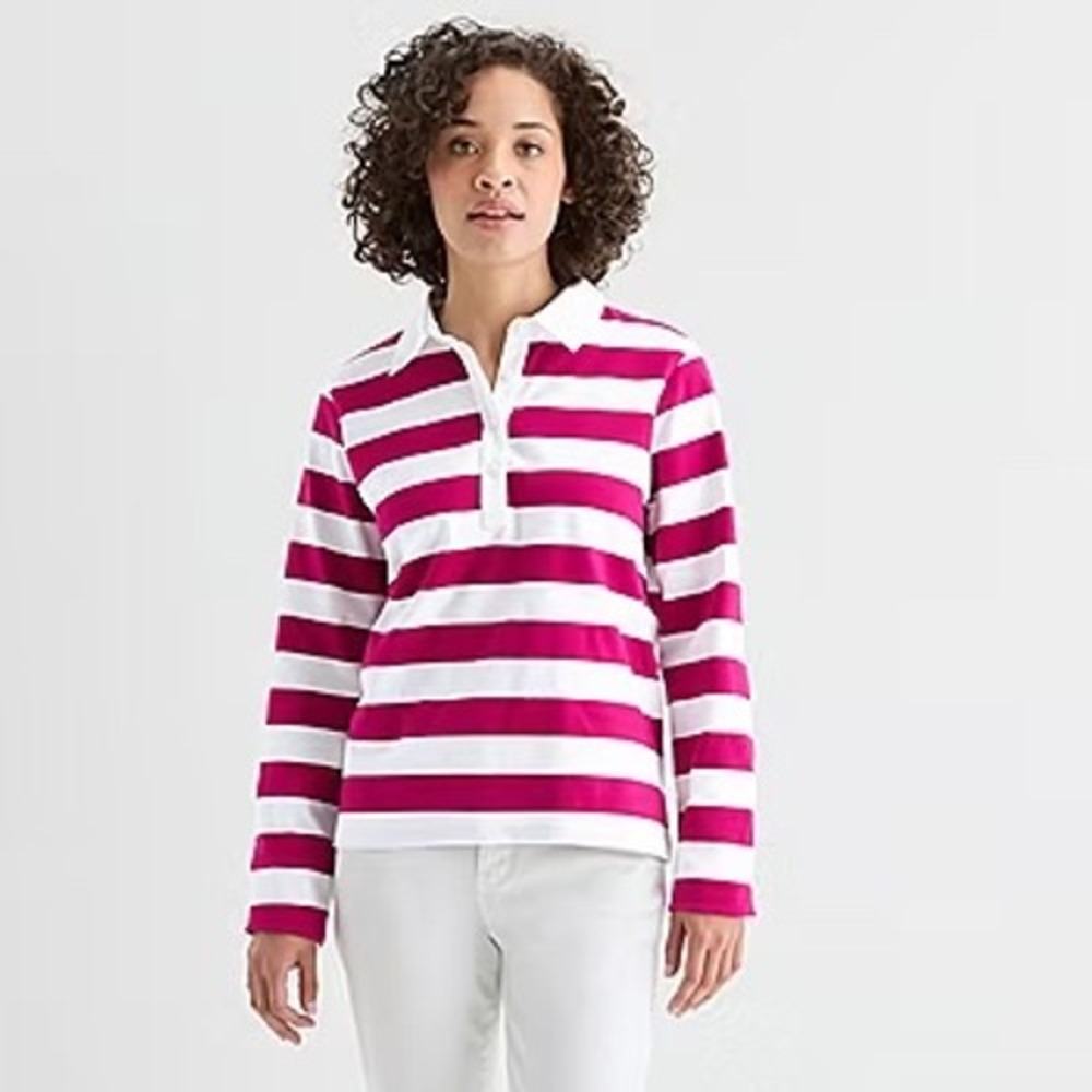 St. John's Bay Long‎ Sleeve Polo Shirt Magenta Jewel Stripe Small NWT Rugby